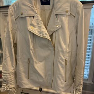 Guess Women's Cream Leather Jacket with Gold Accents